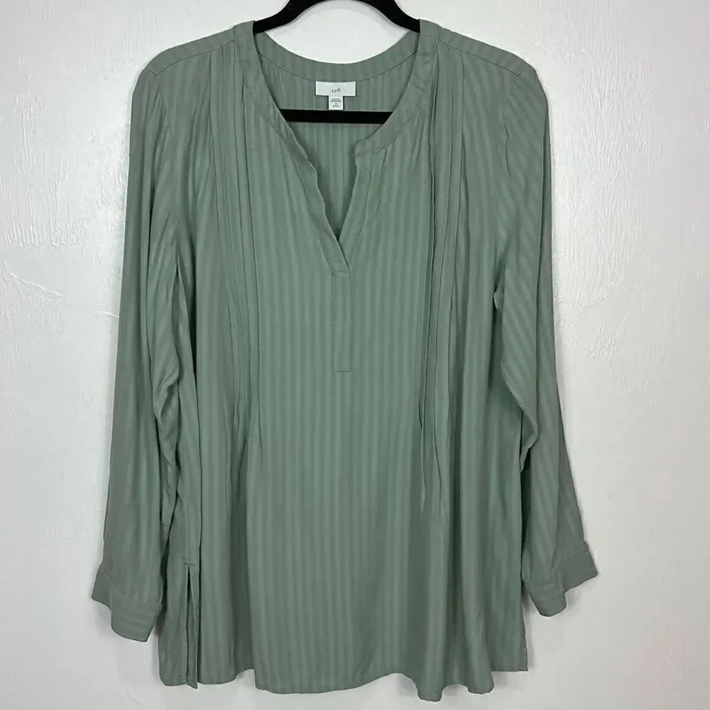 J. Jill Sage Green Pleated Pintuck Popover Long Sleeve Tunic Top Size MP